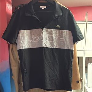 Lacoste Black and Gray Polo Shirt with Color-Block Design